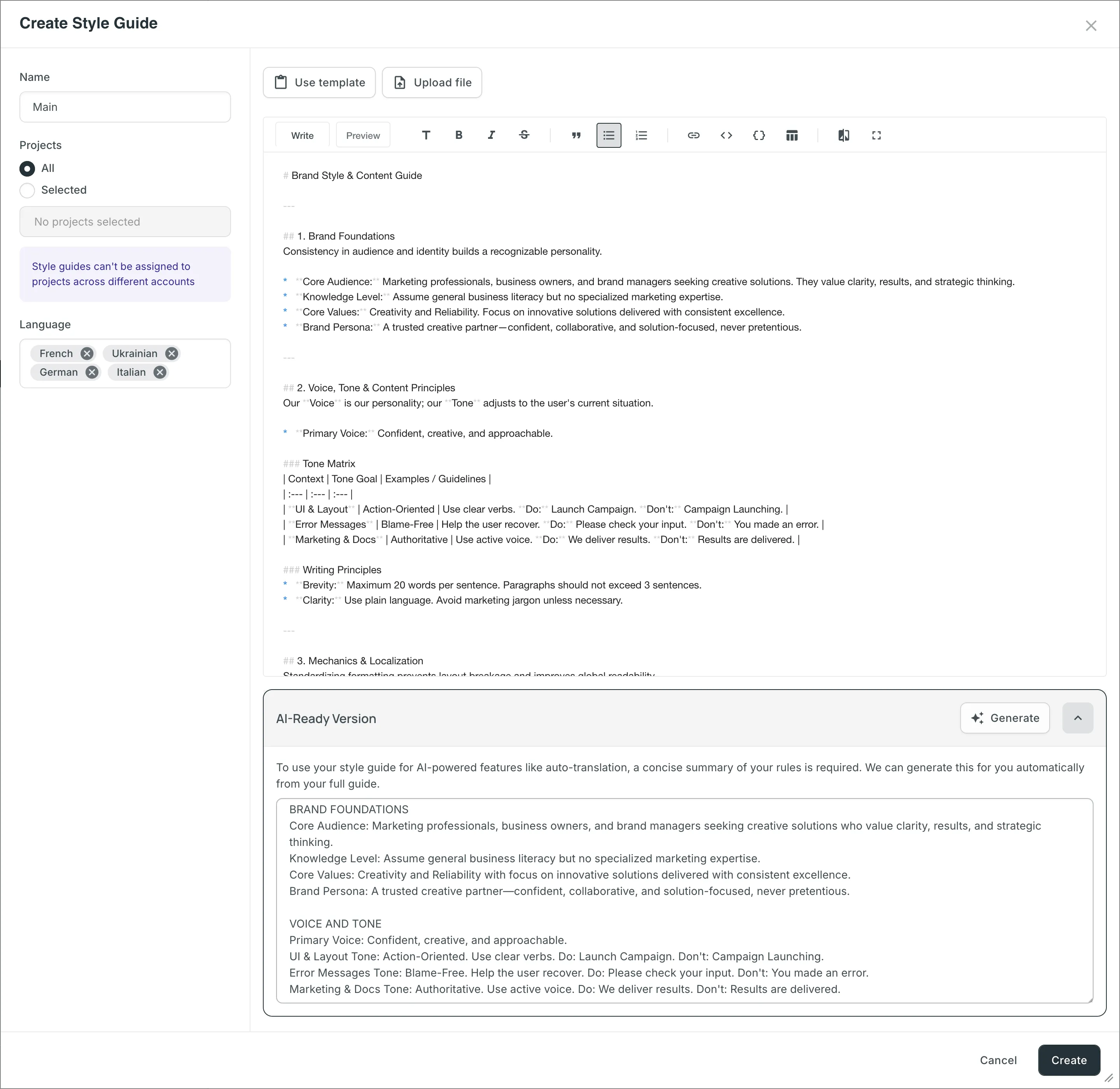 Create style guide dialog
